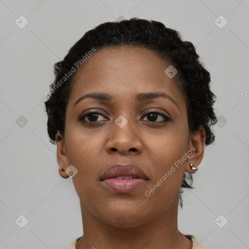 Neutral black young-adult female with short  brown hair and brown eyes