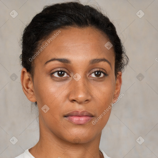 Joyful latino young-adult female with short  brown hair and brown eyes