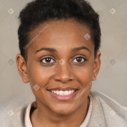 Joyful black young-adult female with short  brown hair and brown eyes