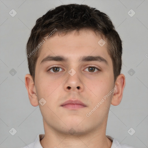 Neutral white young-adult male with short  brown hair and brown eyes