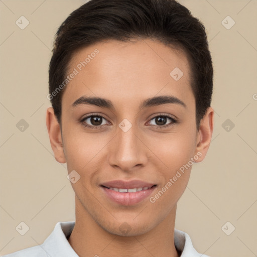 Joyful white young-adult female with short  brown hair and brown eyes