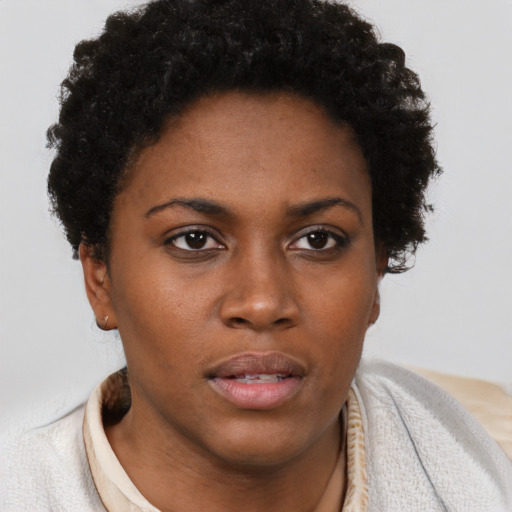 Neutral black young-adult female with short  brown hair and brown eyes