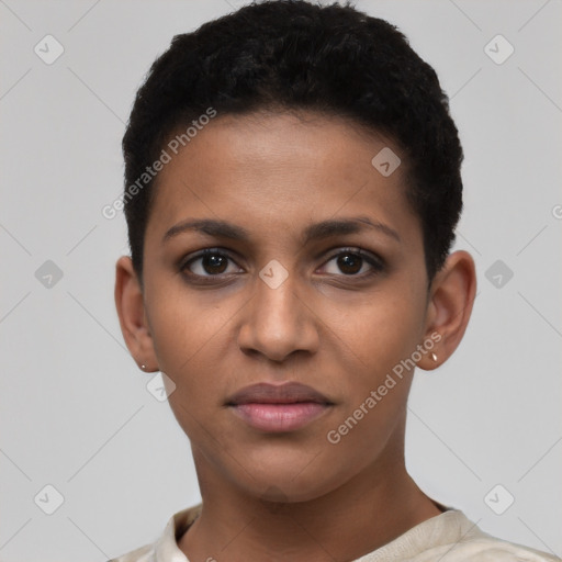 Joyful latino young-adult female with short  brown hair and brown eyes