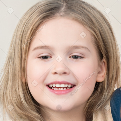 Joyful white child female with medium  brown hair and grey eyes