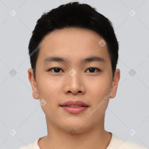 Neutral asian young-adult male with short  black hair and brown eyes