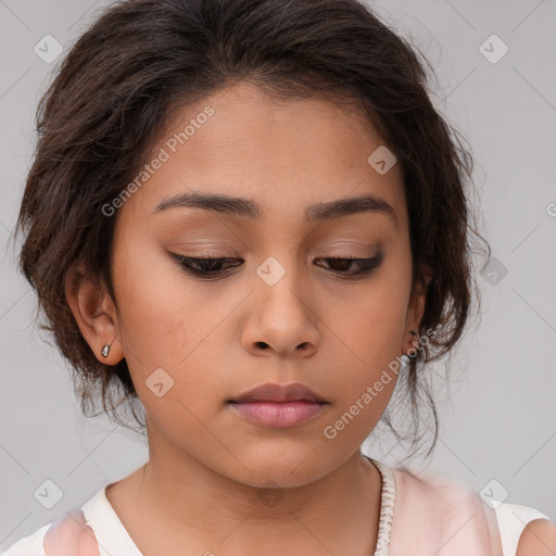 Neutral asian young-adult female with medium  brown hair and brown eyes