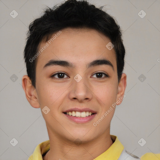 Joyful latino young-adult male with short  brown hair and brown eyes