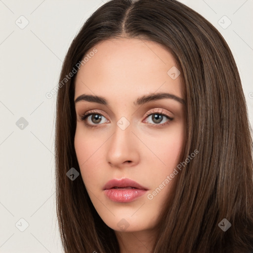 Neutral white young-adult female with long  brown hair and brown eyes