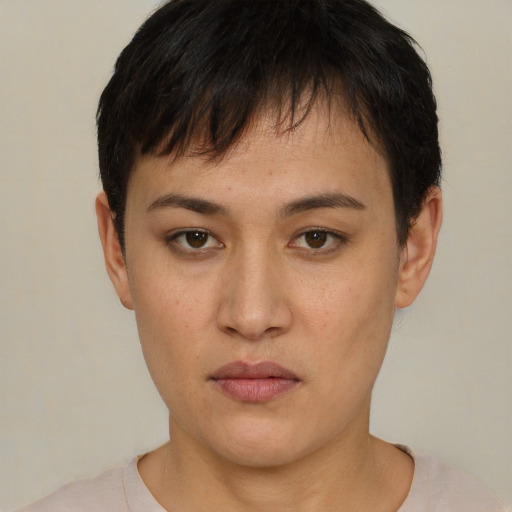 Neutral asian young-adult female with short  brown hair and brown eyes