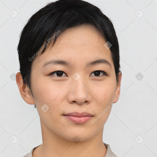 Neutral asian young-adult female with short  brown hair and brown eyes