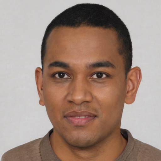 Joyful black young-adult male with short  black hair and brown eyes
