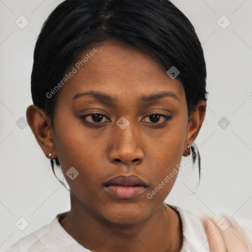 Neutral black young-adult female with short  brown hair and brown eyes