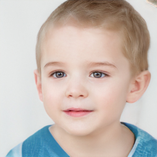 Joyful white child male with short  brown hair and grey eyes