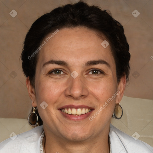 Joyful white adult female with short  brown hair and brown eyes