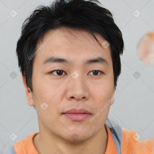 Neutral asian young-adult male with short  brown hair and brown eyes