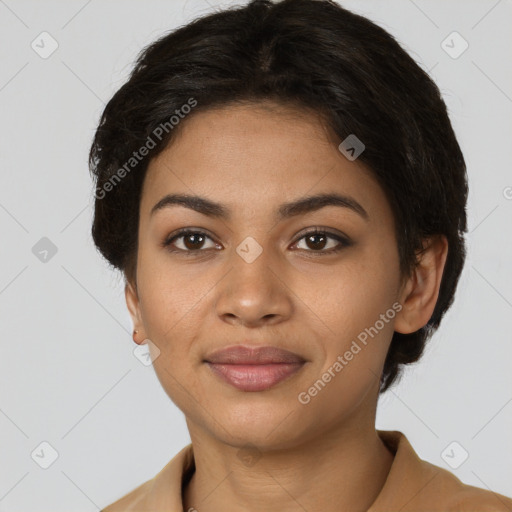 Joyful latino young-adult female with short  brown hair and brown eyes