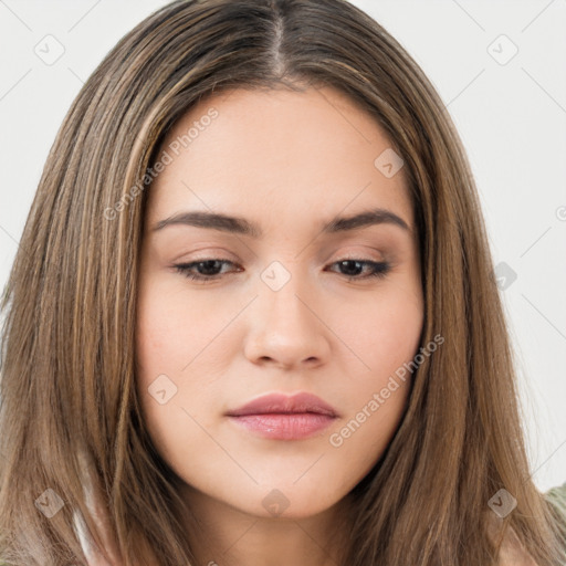 Neutral white young-adult female with long  brown hair and brown eyes