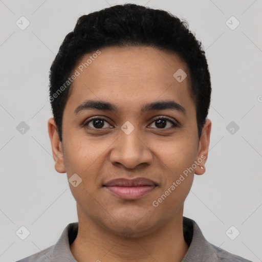 Joyful latino young-adult male with short  black hair and brown eyes