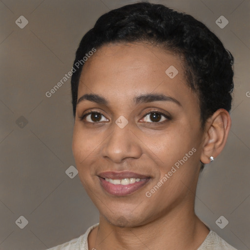 Joyful latino young-adult female with short  black hair and brown eyes