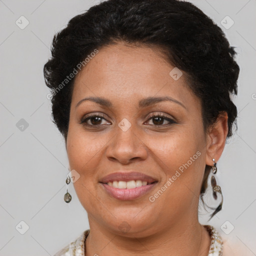 Joyful latino young-adult female with short  brown hair and brown eyes