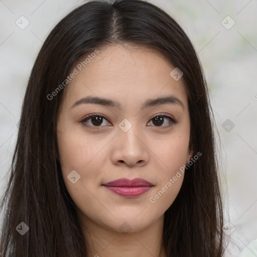 Joyful asian young-adult female with long  brown hair and brown eyes