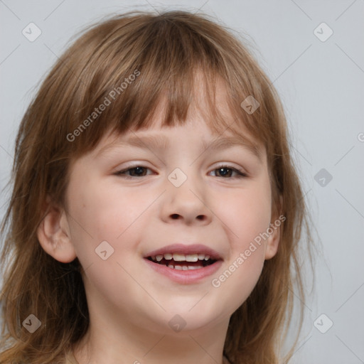 Joyful white child female with medium  brown hair and brown eyes