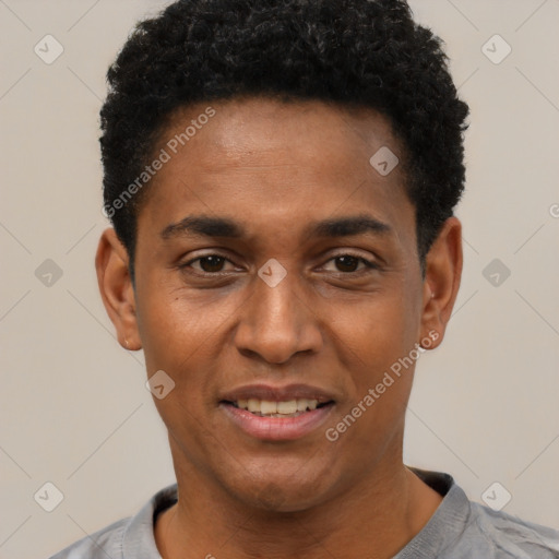 Joyful black young-adult male with short  black hair and brown eyes