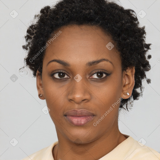 Neutral black young-adult female with short  black hair and brown eyes