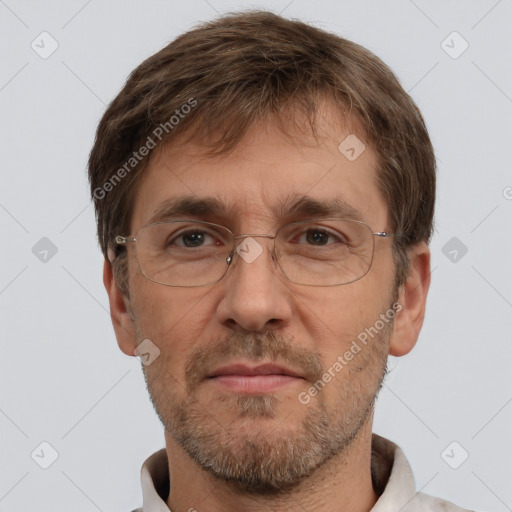 Neutral white adult male with short  brown hair and brown eyes