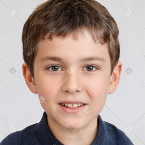 Joyful white child male with short  brown hair and brown eyes