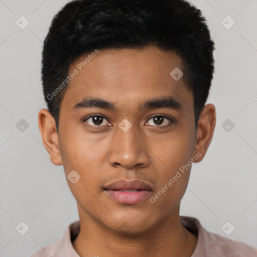 Neutral latino young-adult male with short  black hair and brown eyes
