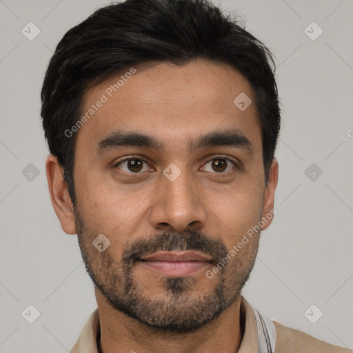 Neutral white young-adult male with short  black hair and brown eyes