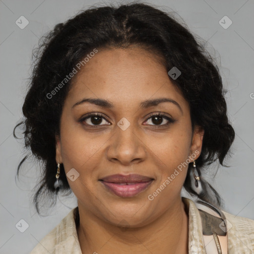 Joyful black adult female with medium  brown hair and brown eyes