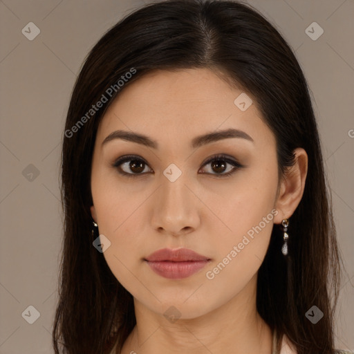 Neutral white young-adult female with long  brown hair and brown eyes