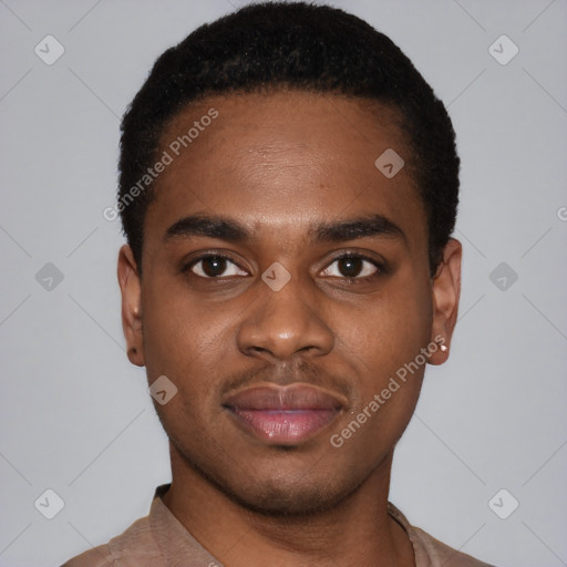 Neutral black young-adult male with short  black hair and brown eyes