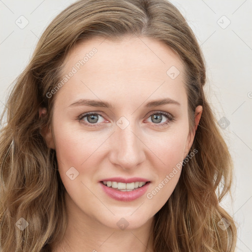 Joyful white young-adult female with long  brown hair and green eyes