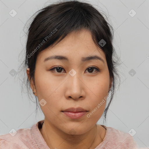 Neutral asian young-adult female with medium  brown hair and brown eyes