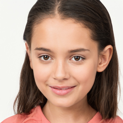 Joyful white child female with medium  brown hair and brown eyes