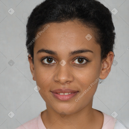 Joyful latino young-adult female with short  brown hair and brown eyes