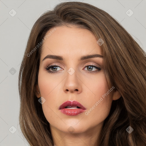 Neutral white young-adult female with long  brown hair and brown eyes