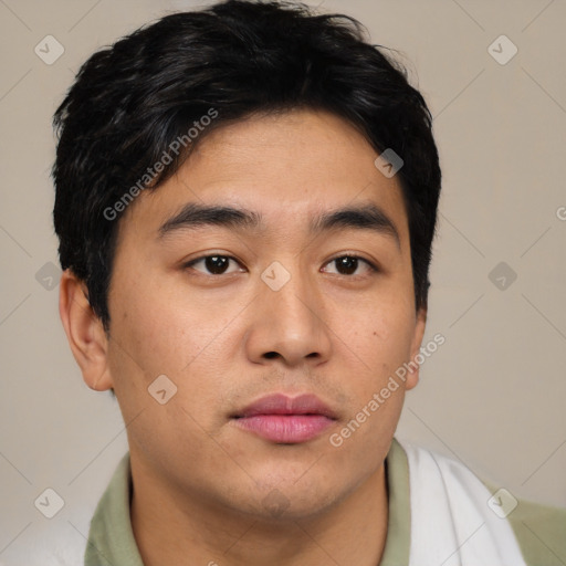 Neutral asian young-adult male with short  brown hair and brown eyes