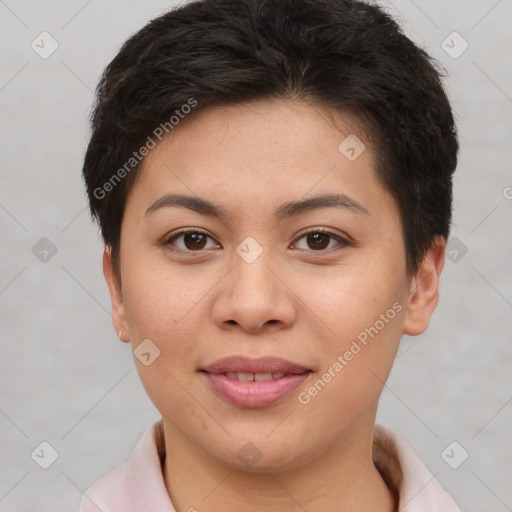 Joyful white young-adult female with short  brown hair and brown eyes