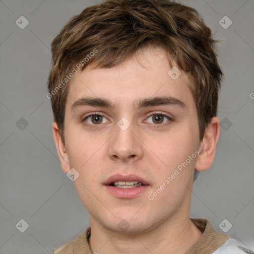 Neutral white young-adult male with short  brown hair and grey eyes