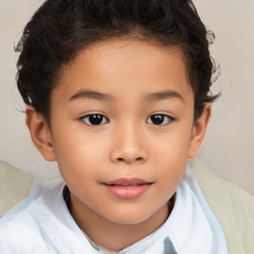 Joyful white child female with short  brown hair and brown eyes