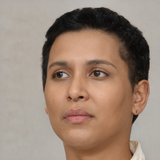Neutral asian young-adult female with short  brown hair and brown eyes