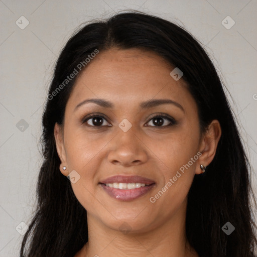 Joyful latino young-adult female with long  brown hair and brown eyes