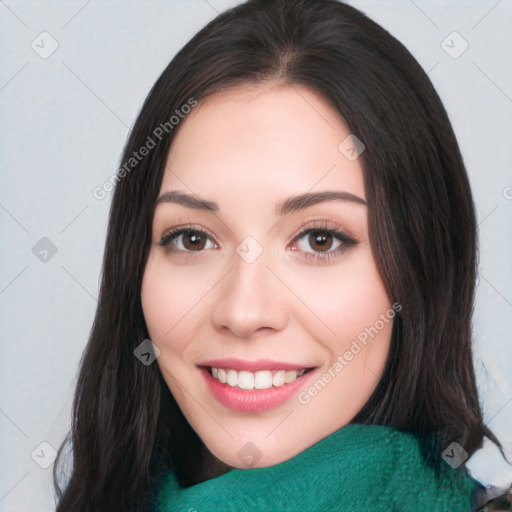 Joyful white young-adult female with long  black hair and brown eyes