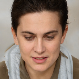 Joyful white adult female with short  brown hair and brown eyes