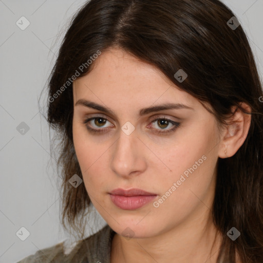 Neutral white young-adult female with medium  brown hair and brown eyes