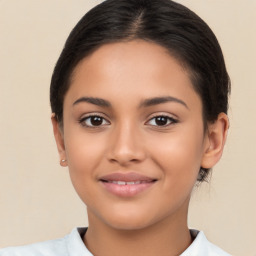 Joyful latino young-adult female with medium  brown hair and brown eyes